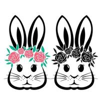 Rabbit with flowers and Easter bunny ears Illustration in black and white vector file.