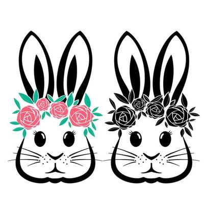Rabbit with flowers and Easter bunny ears Illustration in black and white vector file.