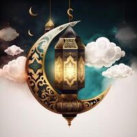 golden ramadan kareem banner with moon, photo