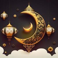 golden ramadan kareem banner with moon, photo