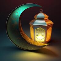 Islamic ramadan holiday banner with glowing lantern moon and mosque window portal photo