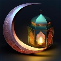 Islamic ramadan holiday banner with glowing lantern moon and mosque window portal photo