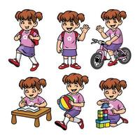 school girl set in various poses and activities vector