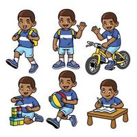 estudiante chico conjunto en varios poses y ocupaciones vector