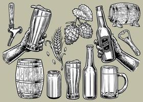 vintage hand drawing of beer objects in set vector