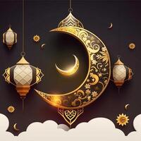 golden ramadan kareem banner with moon, photo
