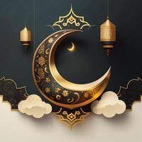 dorado Ramadán kareem bandera con luna, generativo ai foto