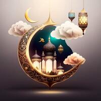 golden ramadan kareem banner with moon, photo