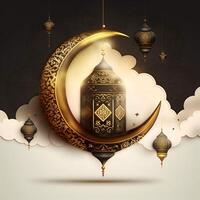 golden ramadan kareem banner with moon, photo