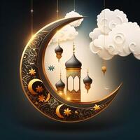 golden ramadan kareem banner with moon, photo