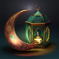 Islamic ramadan holiday banner with glowing lantern moon and mosque window portal photo