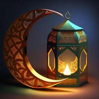 Islamic ramadan holiday banner with glowing lantern moon and mosque window portal photo