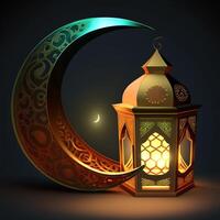 Islamic ramadan holiday banner with glowing lantern moon and mosque window portal photo