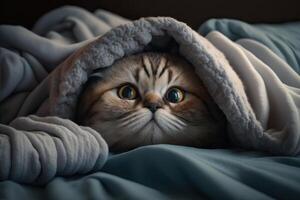 Kitten under a blanket. The cat is resting warm under the plaid. . photo