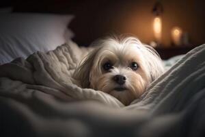 A young Maltese dog under a blanket. The pet is basking under the plaid. The concept of caring for pets. . photo