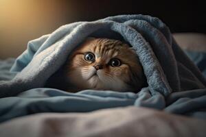 Kitten under a blanket. The cat is resting warm under the plaid. . photo