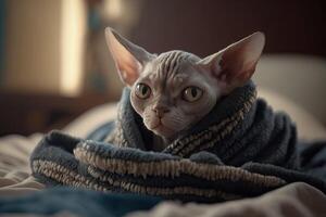 Kitten under a blanket. The cat is resting warm under the plaid. . photo