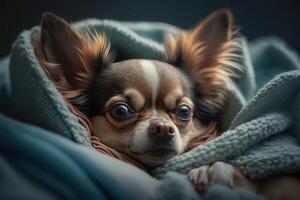 A young Chihuahua dog under a blanket. The pet is basking under the plaid. The concept of caring for pets. . photo
