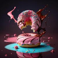 Sweet donut in pink and chocolate glaze. photo