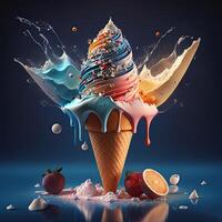 Ice cream cone. Fruit Ice cream with caramel. . photo