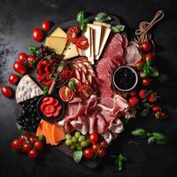 Antipasto platter with ham, prosciutto, salami, cheese, tomato, strawberries and vegetables on dark background. Appetizers table with italian antipasti snacks. Top view. . photo
