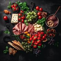 Antipasto platter with ham, prosciutto, salami, cheese, tomato, strawberries and vegetables on dark background. Appetizers table with italian antipasti snacks. Top view. . photo