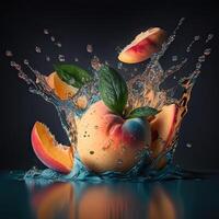 Natural refreshing Peach fruit with splashes of water. . photo