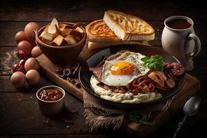 Inglés desayuno con frito huevos, tocino y tostada. generativo ai. foto