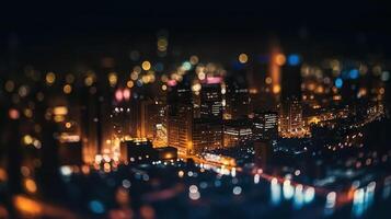 desenfocado luces en ciudad. el bokeh ligero desde edificio y noche ciudad. paisaje urbano generativo ai. foto