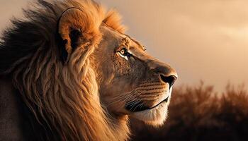 Portrait of a Lion in the morning sunlight in the African savannah. Side view. . photo
