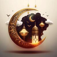 golden ramadan kareem banner with moon, photo