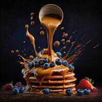 Stack of pancakes topped with honey caramel syrup with berries. photo