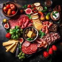 Antipasto platter with ham, prosciutto, salami, cheese, tomato, strawberries and vegetables on dark background. Appetizers table with italian antipasti snacks. Top view. . photo