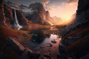 Fantasy art of mountain valley with lake, perfect spring sunset landscape. Epic mountain, stunning sunset and lights. photo