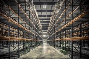 Huge distribution warehouse with high shelves photo