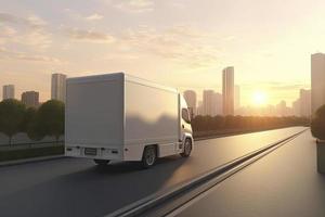 Rear angle view of delivery truck run on the road with sunrise cityscape,fast delivery,cargo logistic photo