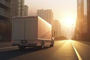 Rear angle view of delivery truck run on the road with sunrise cityscape,fast delivery,cargo logistic photo