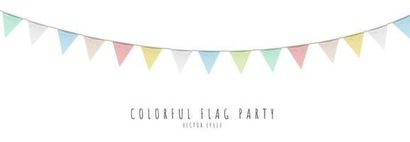 Colorful pastel color triangle 3D flag party with rope isolated on white background, decoration element, Vector illustration