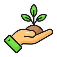 Sprout in hand denoting concept icon of plant care in modern style, farming and agriculture, nature care vector design