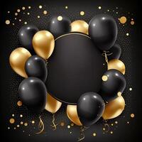 Black and gold balloons on a black background with confetti. 3d illustration. photo