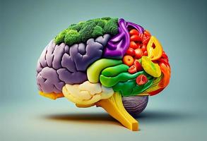 Human brain made of vegetables and fruits on black background. 3d illustration photo