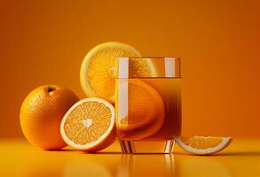 Orange juice in a glass on orange background. 3d illustration. photo