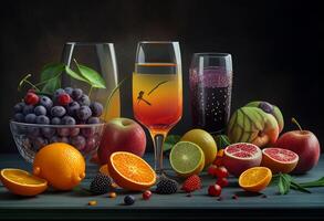 Mix Fruit juice in a glass with fresh fruits photo