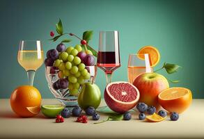 mezcla Fruta jugo en un vaso con Fresco frutas generativo ai foto
