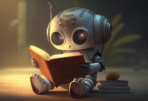 3d representación de un pequeño robot leyendo un libro en un oscuro habitación generativo ai foto