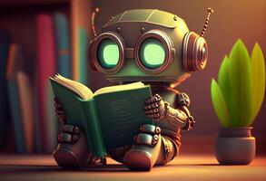 3D rendering of a little robot reading a book in a dark room photo