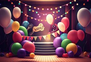 3d Illustration of stage with a lot of colorful balloons and confetti photo