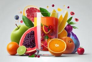 Mix Fruit juice in a glass with fresh fruits photo