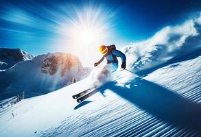 Skier skiing downhill in high mountains during sunny day. Mixed media photo