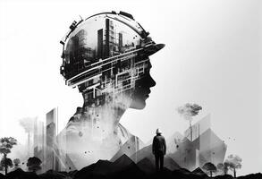 Silhouette of engineer looking at construction site. Engineering concept. Double exposure photo